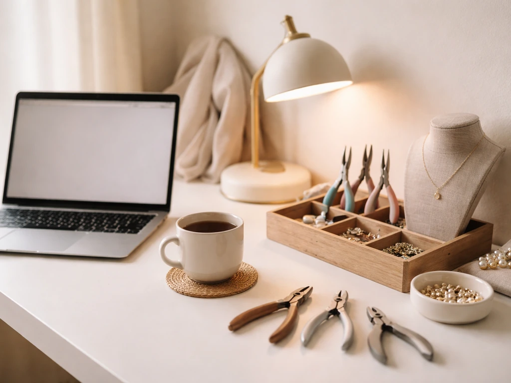 Minimal studio workspace with jewelry tools and a laptop, warm light, symbolizing a brand founder’s world.