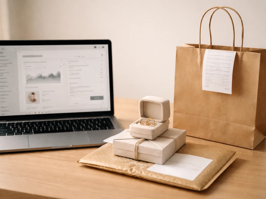 Minimal desk scene with laptop checkout view, jewelry packaging, shipping label area, and a shopping bag/receipt.