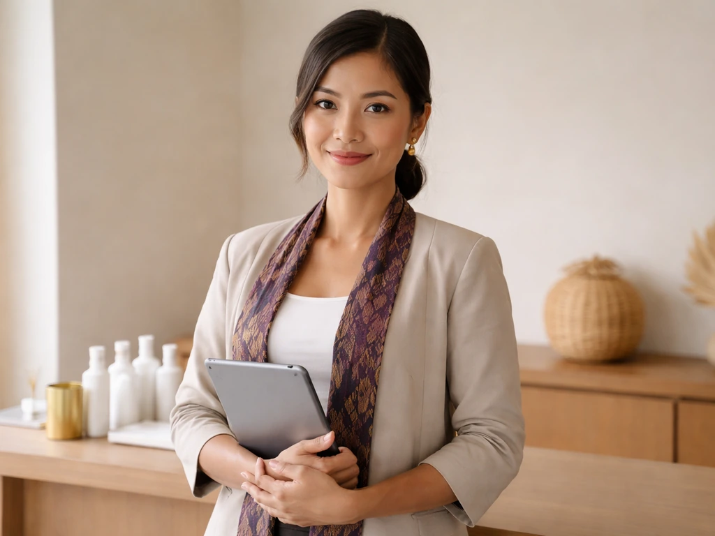 Anonymous Balinese entrepreneur in a minimal Bali office, holding a tablet, with skincare items on a desk.