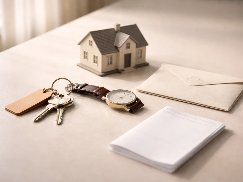 Minimal tabletop collage of discreet wealth signals: keys, a house model, luxury watch, and banking envelope