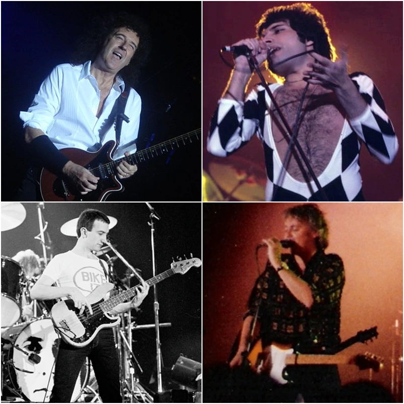 A collage of live performance photos of Queen band members on stage.