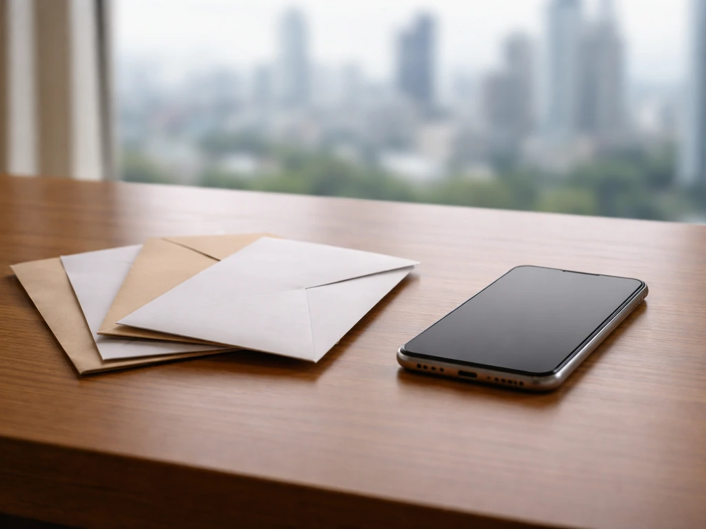 Minimal desk scene with a smartphone and envelopes symbolizing differing net-worth sources.