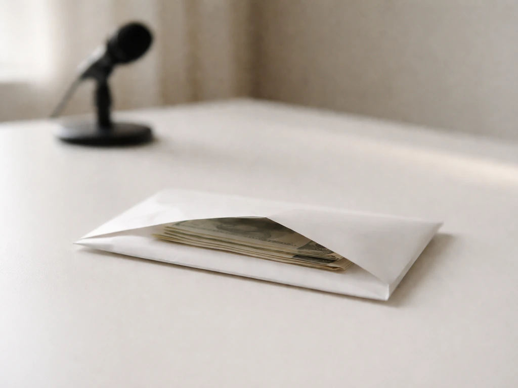 Minimal photo of a glossy money envelope on a desk beside a microphone, suggesting business wealth analysis