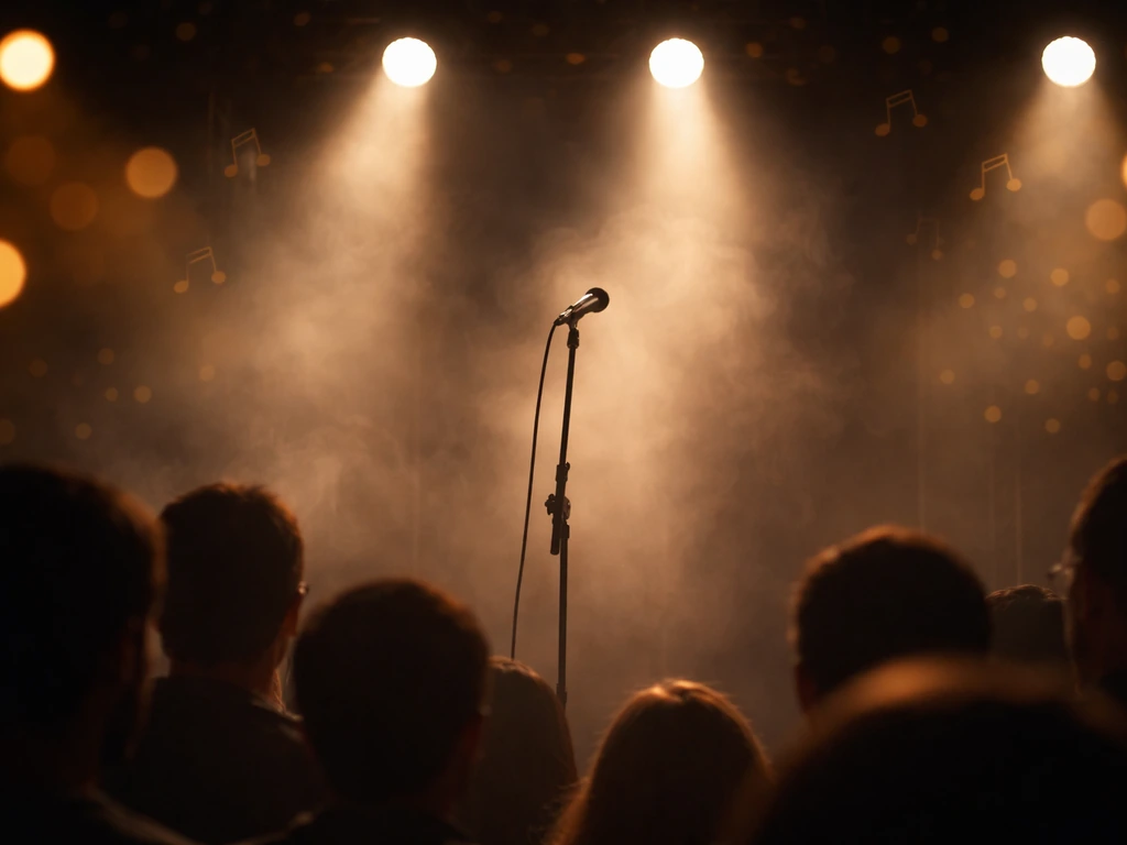 Warm-lit concert stage with an illuminated microphone stand and softly blurred audience silhouettes at night.