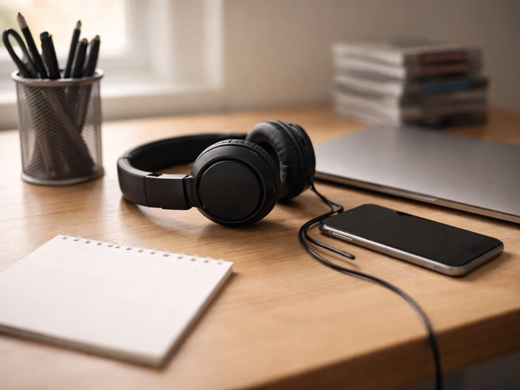Minimal desk scene with headphones and phone, evoking recent music catalog promotion and financial impact.