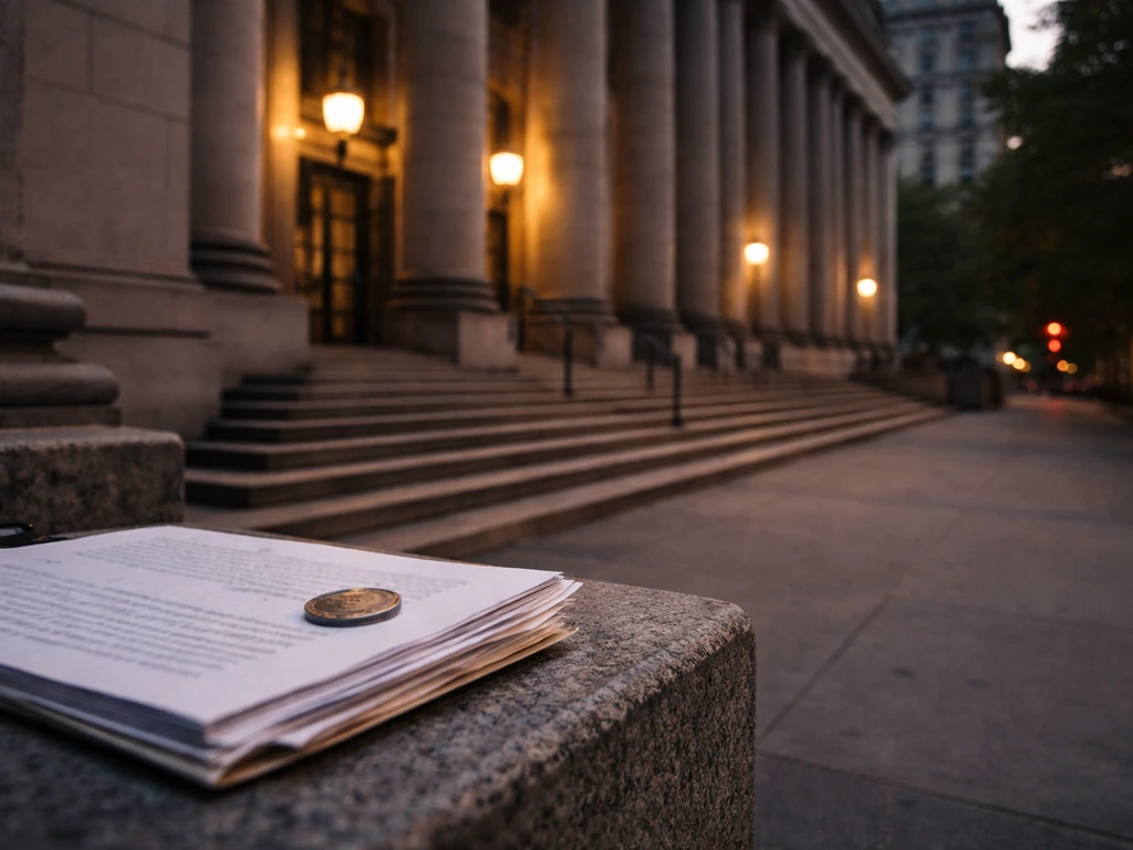 Courthouse exterior with legal papers and a coin in the foreground, symbolizing verified financial research.