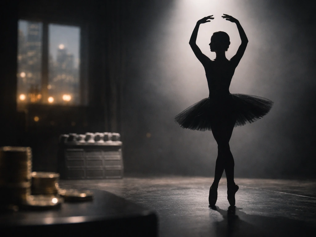 Ballet dancer silhouette framed by a film slate, with subtle luxury money atmosphere for wealth verification theme.