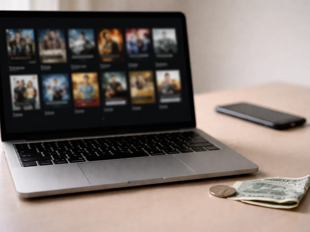 Laptop on a desk with blurred movie thumbnails and small money items suggesting ambiguous net worth references.