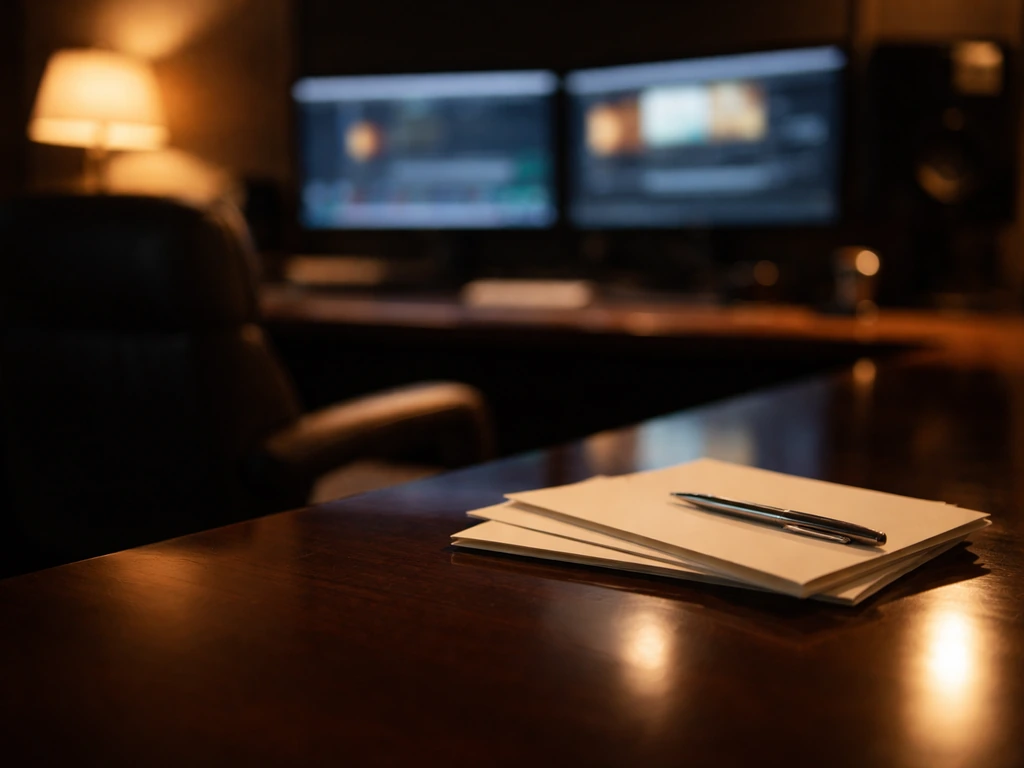 Moody luxury editing studio desk with envelopes and pen, suggesting high-profile wealth and media careers.