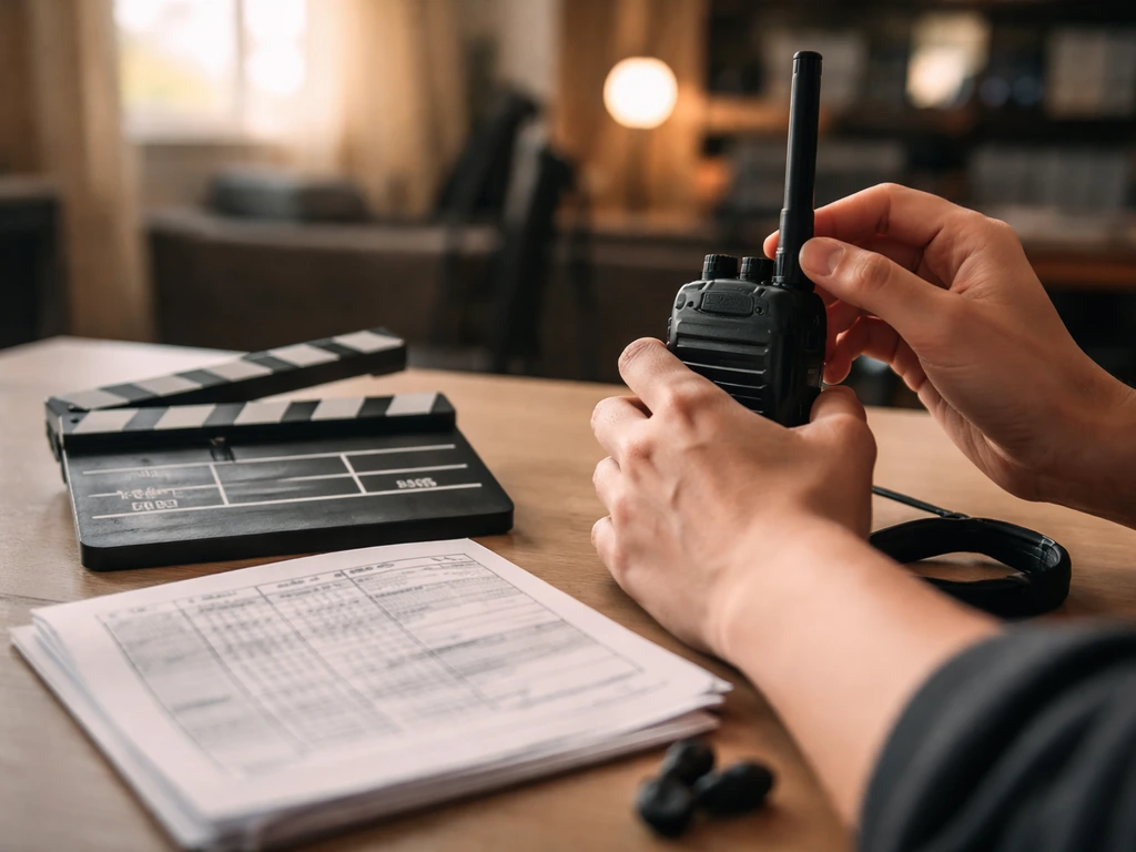 Hands adjusting a walkie-talkie next to a clapperboard on a film set worktable.