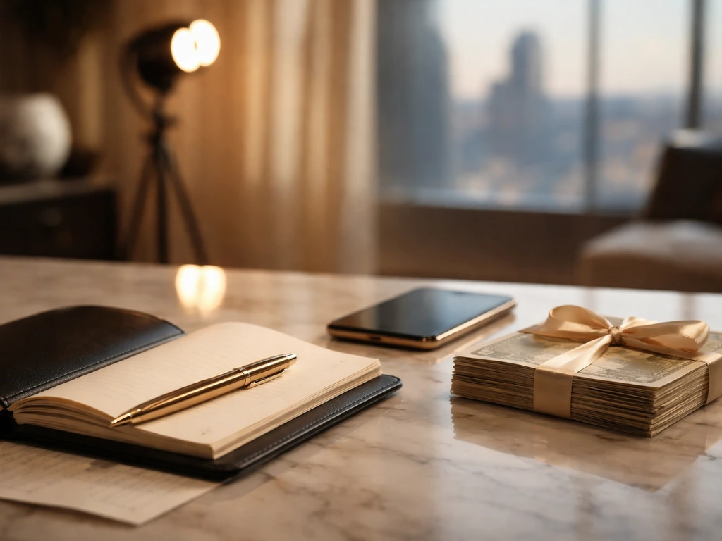 Luxury studio desk with a ledger, gold pen, and cash-like bills suggesting wealth research and verification.