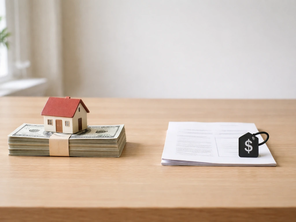 Minimal photo showing money and home items opposite a bill/loan document symbol to suggest assets vs liabilities