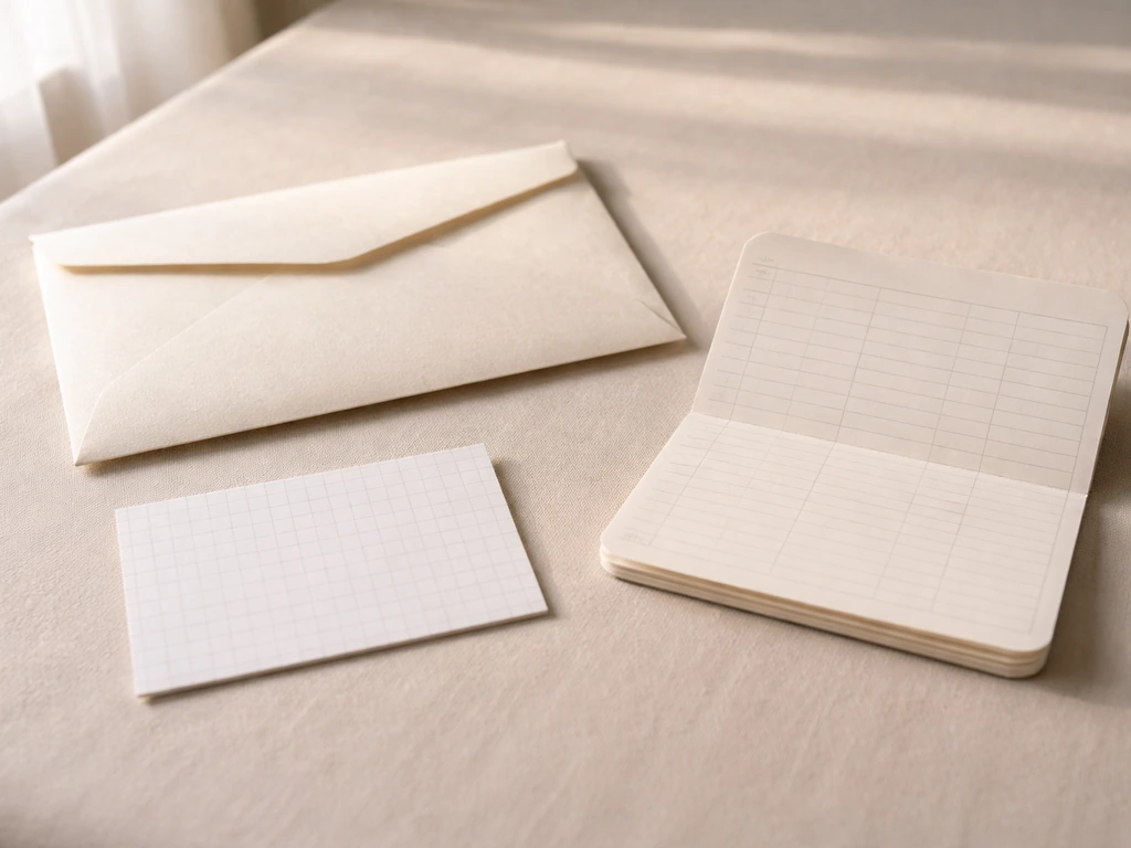 Close-up stack of contract, blank cue card, and investment passbook on a simple desk.