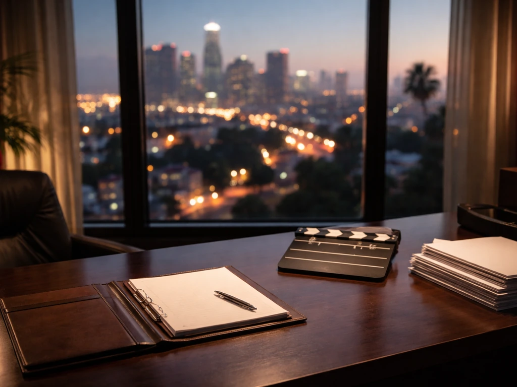 Luxury Hollywood studio office scene with a production desk, soft red accents, and a blurred city night skyline.
