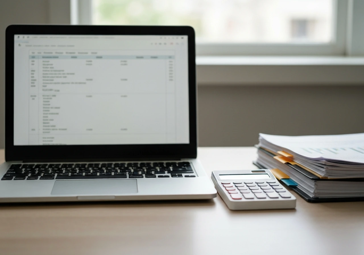 Minimal desk scene with laptop, calculator, and financial documents suggesting verifying business net worth