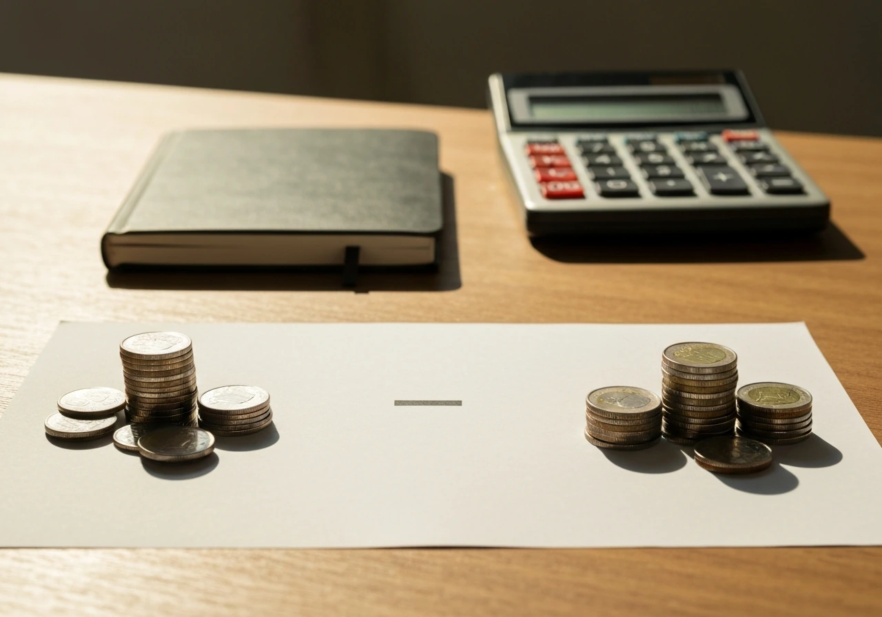 Coins in two piles on a wooden desk beside a notebook, symbolizing assets minus liabilities.