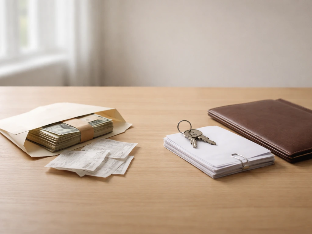 Minimal desk scene with cash and receipts on one side, and keys/documents on the other to suggest income vs ownership.
