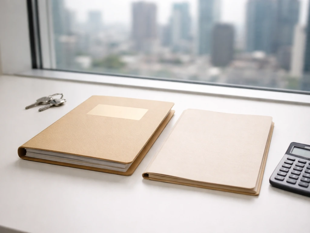 Two unlabeled folders on a desk, with keys and a blurred city view, symbolizing private vs transparent valuation.