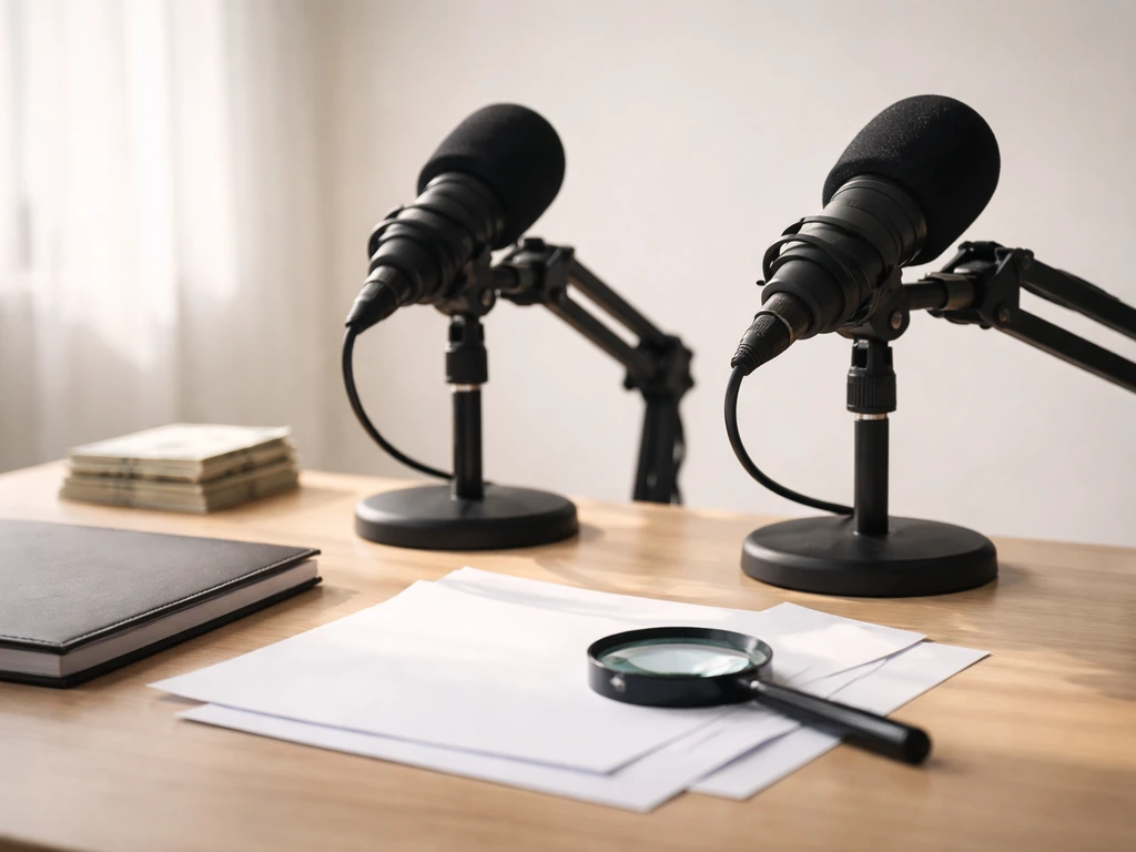 Podcast studio desk with two microphones and a magnifying glass over blank financial documents, symbolizing net worth ve