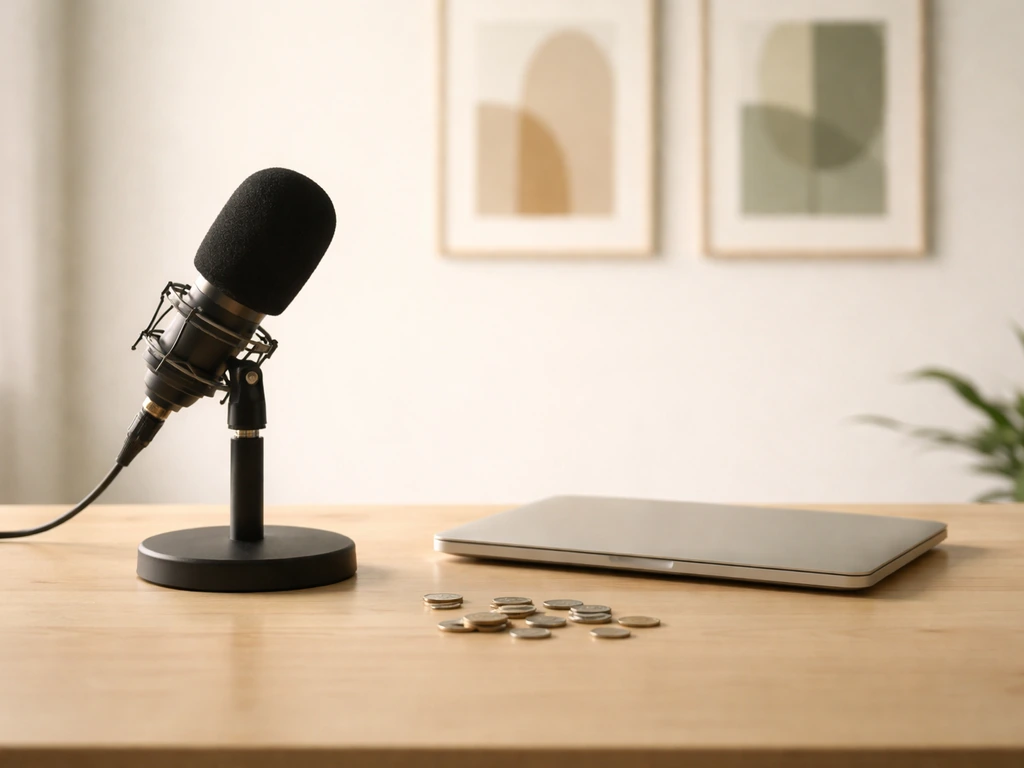 Anonymous studio desk with microphone and coins, symbolizing media podcast net worth sources.