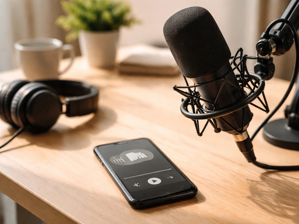 Podcast host desk with smartphone showing a generic sponsor segment icon and audio playback controls