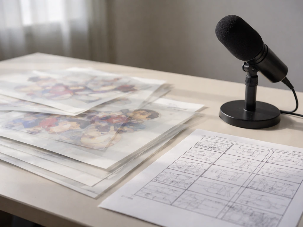 Minimal animation studio scene with storyboard cels and a podcast-style mic, suggesting audio-to-animation licensing.