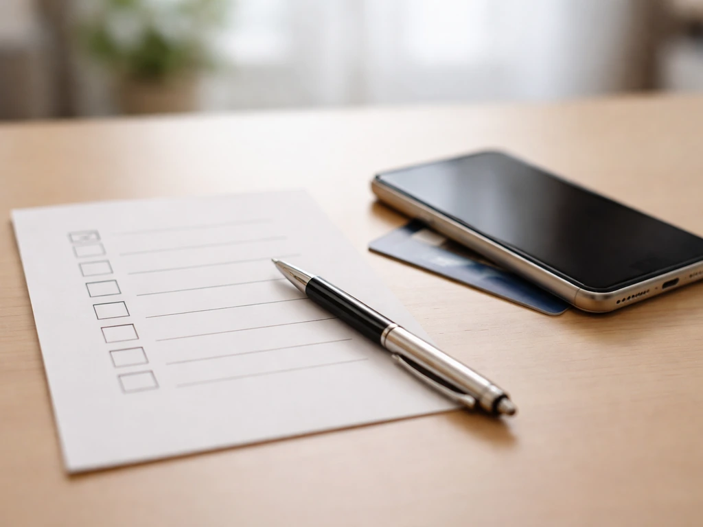 Close-up of checklist notepad beside a smartphone and credit card, symbolizing cross-checking public info