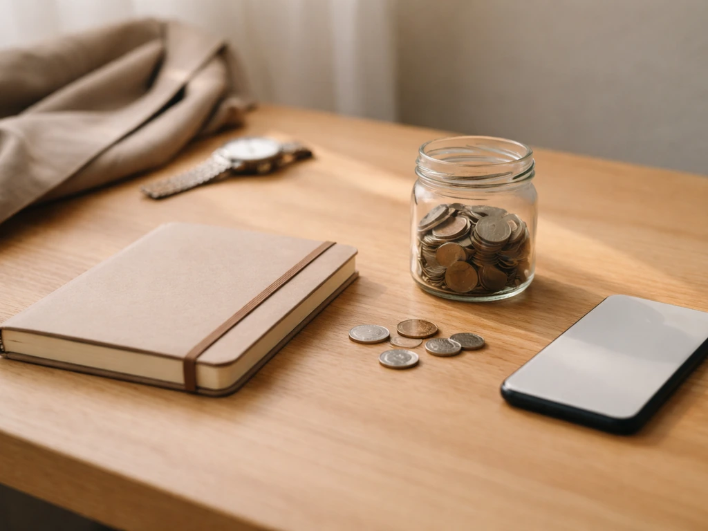 Minimal photo of a desk with a notebook and scattered coins, symbolizing a net-worth range without any text