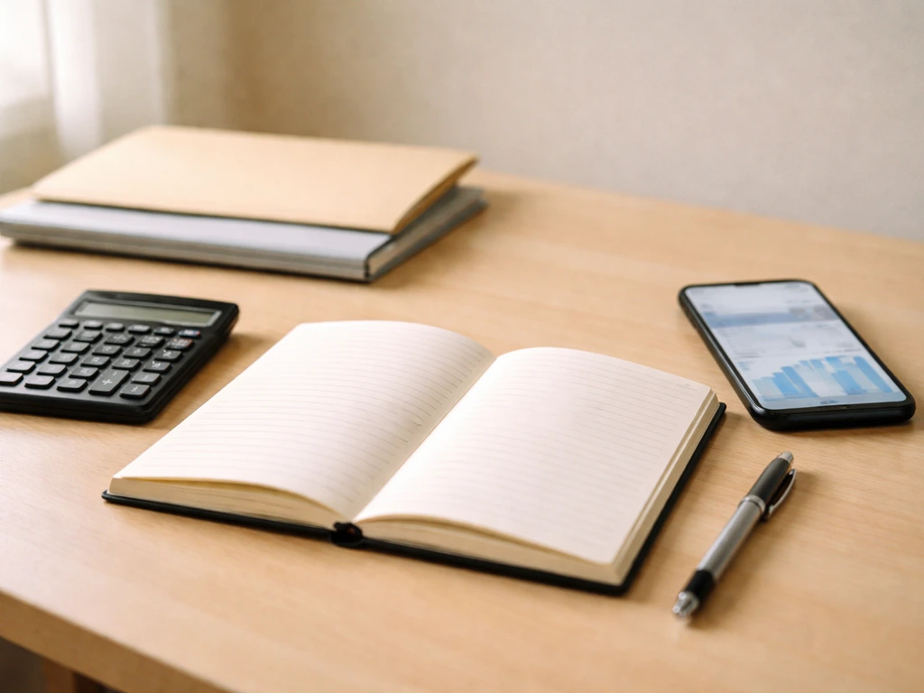 Desk with notebook, calculator, and folders set up to verify financial claims, shot in natural light.