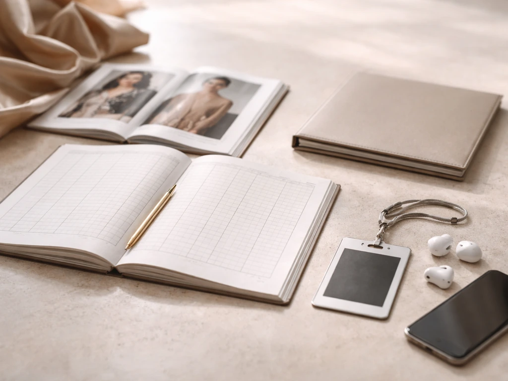Tabletop with fashion lookbook, business folder, blank ledger, and generic stage-pass badge icon.