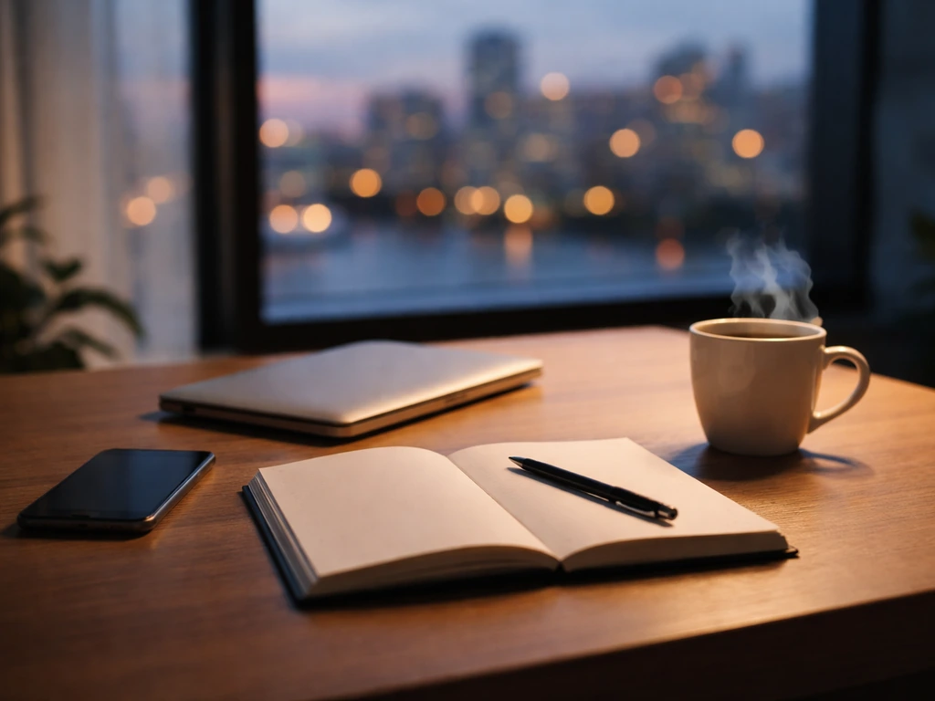 Minimal office desk with a smartphone, notebook, and coffee beside a softly lit city skyline—symbolic business wealth th