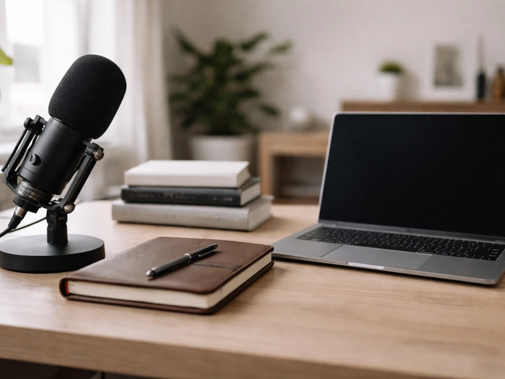 Minimal photo of a microphone on a tidy desk beside business books and a laptop, symbolizing a creator-founder story.
