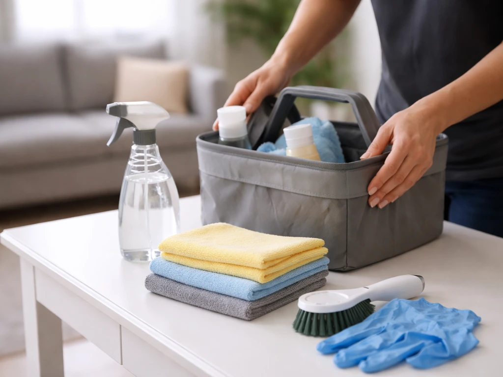 Close-up of cleaning supplies arranged on a table, implying a home cleaning concierge service core income.