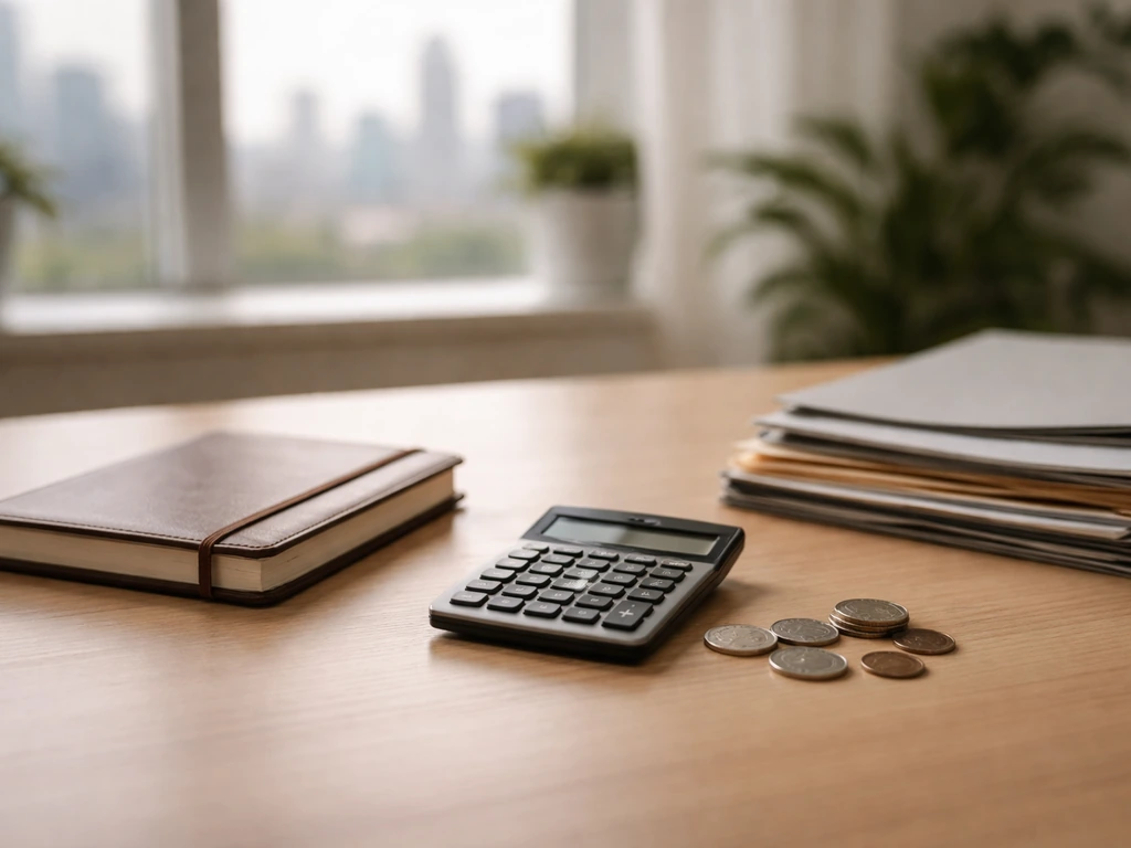 Minimal office desk with a calculator and scattered coins, symbolizing estimated net worth scenarios.