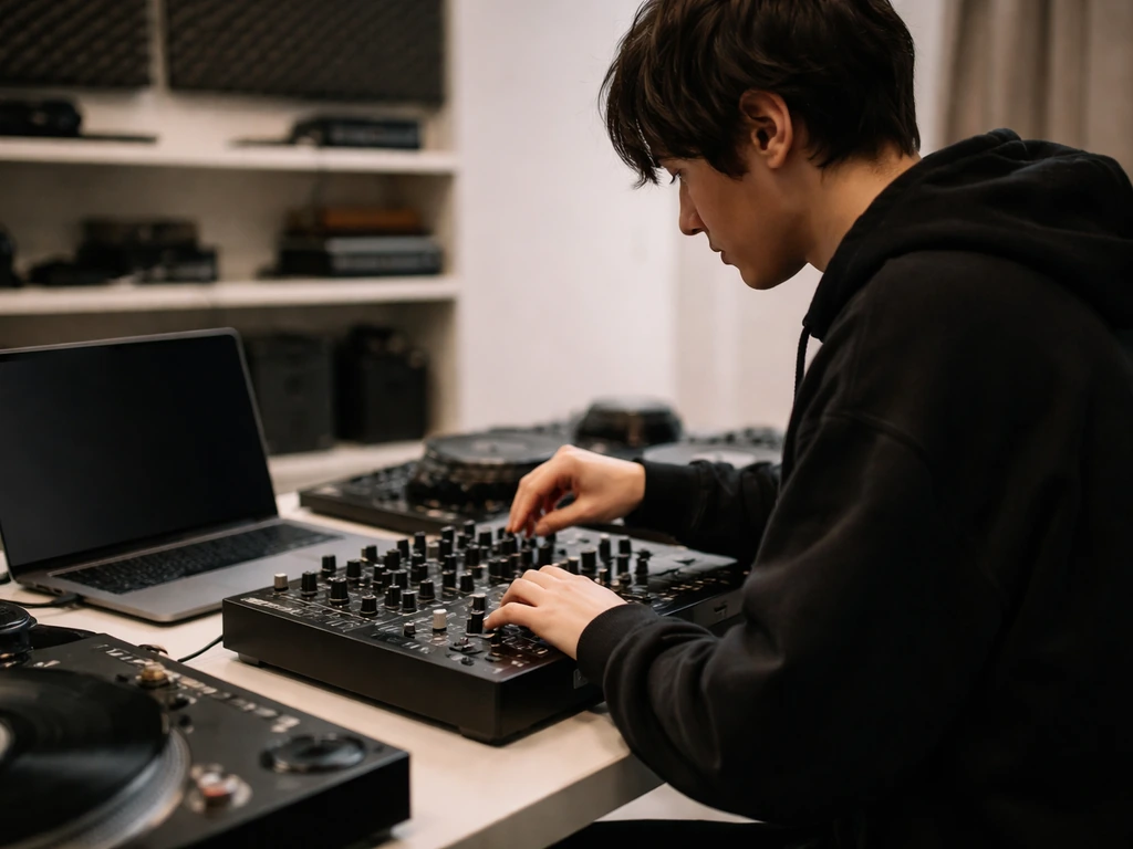 Anonymous music producer at a studio desk with a laptop and turntable gear, New York–style vibe