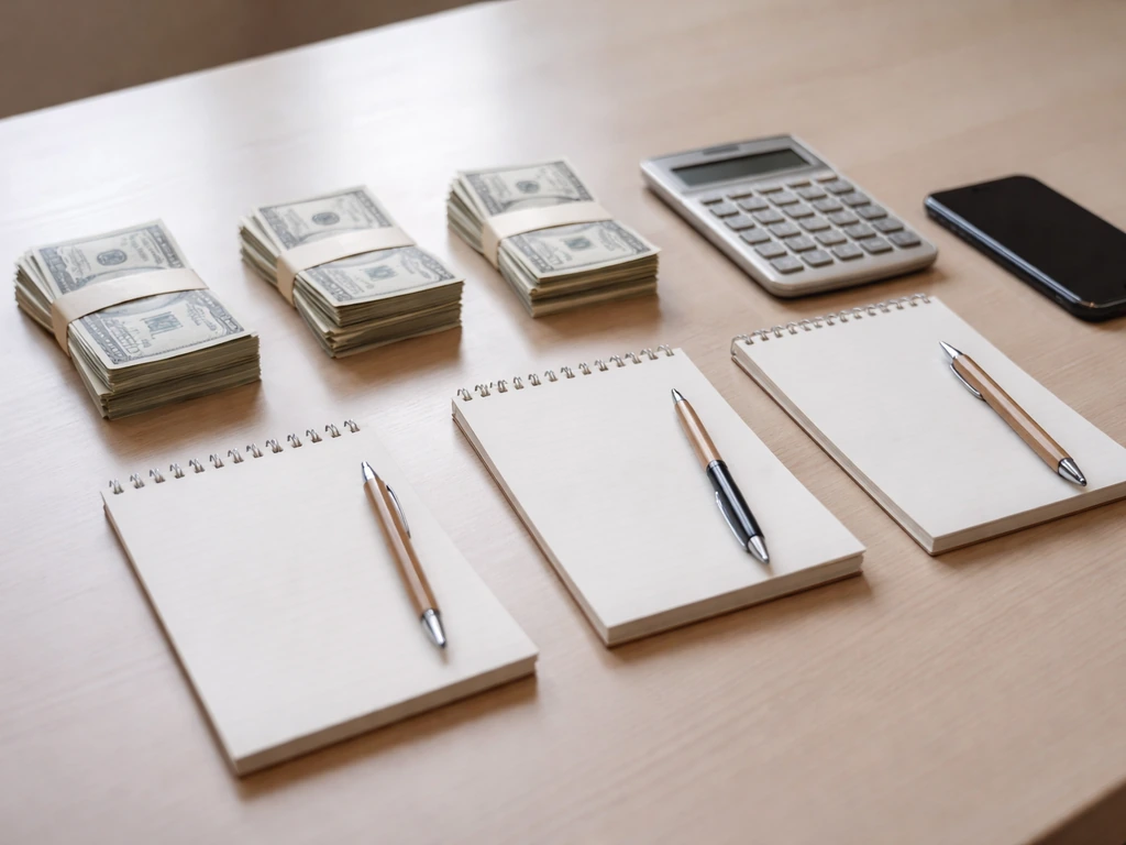 Minimal desk scene with calculator and three blank notepads and stacks of cash, suggesting mismatched estimates.