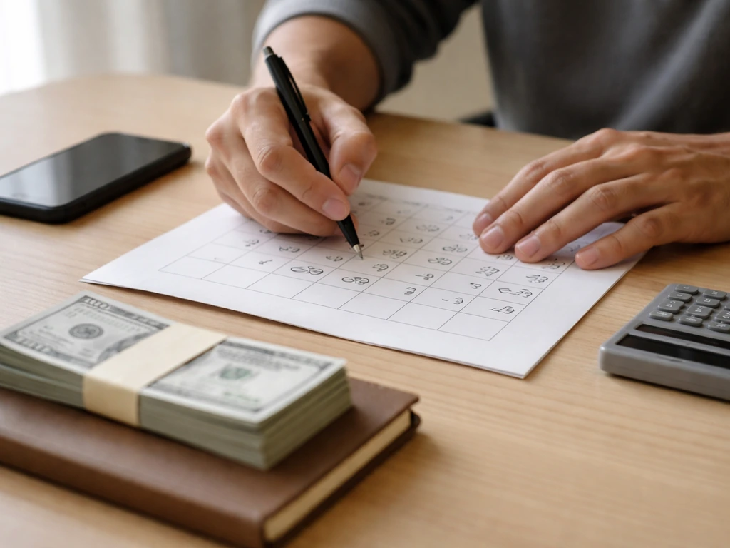 Hands holding a calculator beside a calendar page and cash, symbolizing counting bookings and estimating DJ fees.
