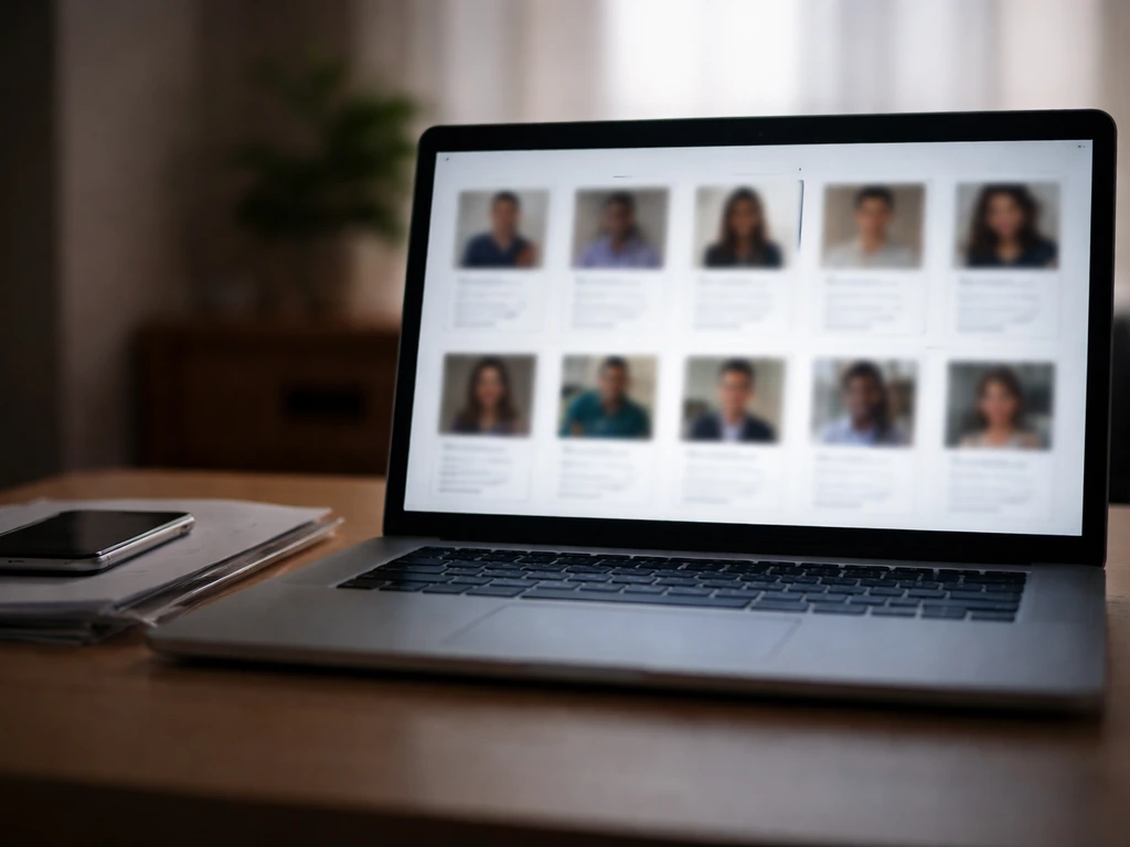 Close-up of an anonymous laptop screen with multiple email/contact cards blurred side-by-side, prompting identity check